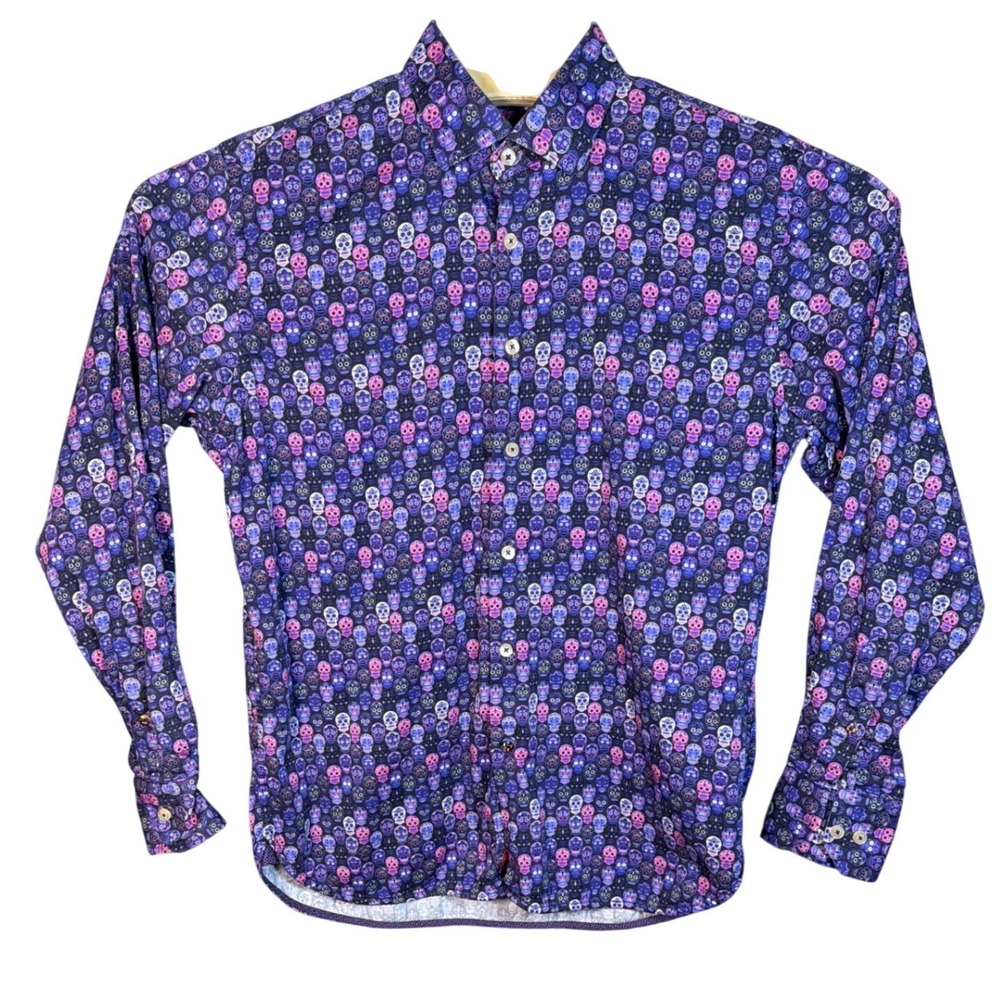 Luchiano Visconti Black Mens Large Sugar Skull Button Up Shirt Purple Cotton 570